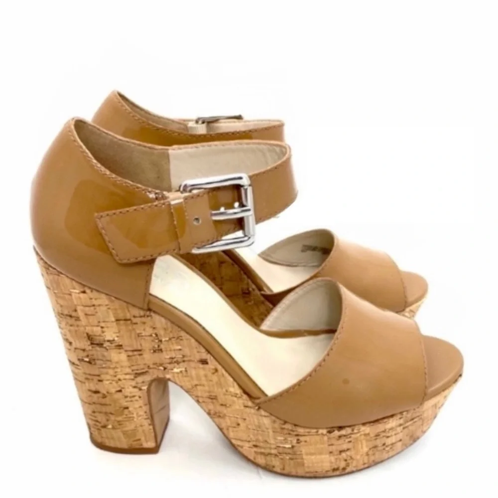 KORS Michael Kors Korey Patent Leather Cork Wedge Strap Sandal Camel Tan Size 9